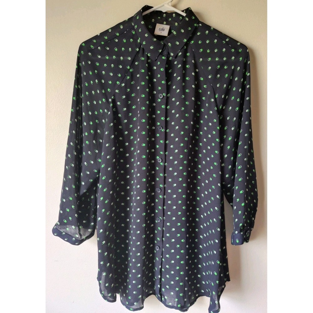 Cabi Martini Blouse Womens Navy Green Olive Dot Relaxed‎ Fit Chiffon Top Sz S